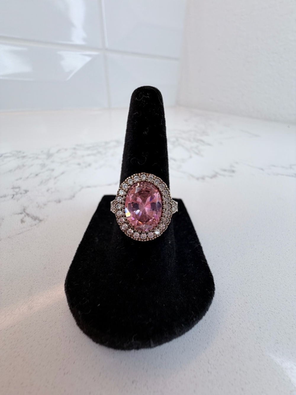 Pink Oval Cocktail Ring Silver  Halo Statement Ring Large Stone CZ Glam